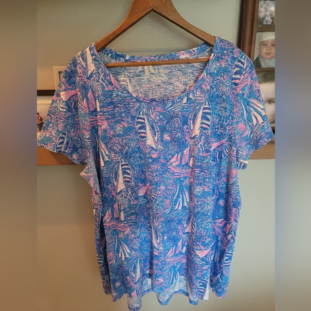 Lilly Pulitzer Etta Scoop Neck tshirt boca blue its a sailabration xxl euc